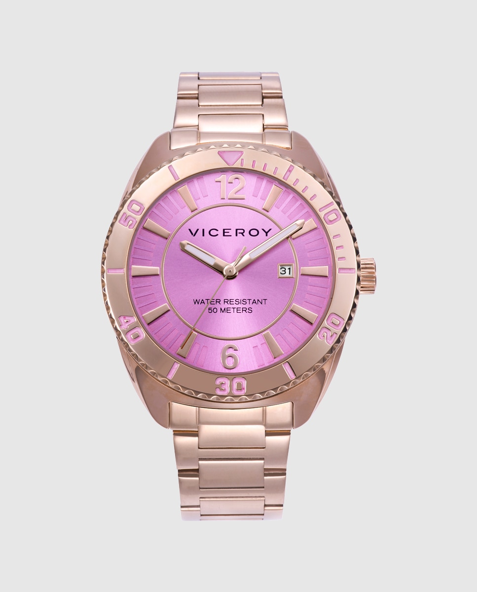 Relógio Analógico com Caixa e Bracelete de Aço Ip Rosa Lilás-1