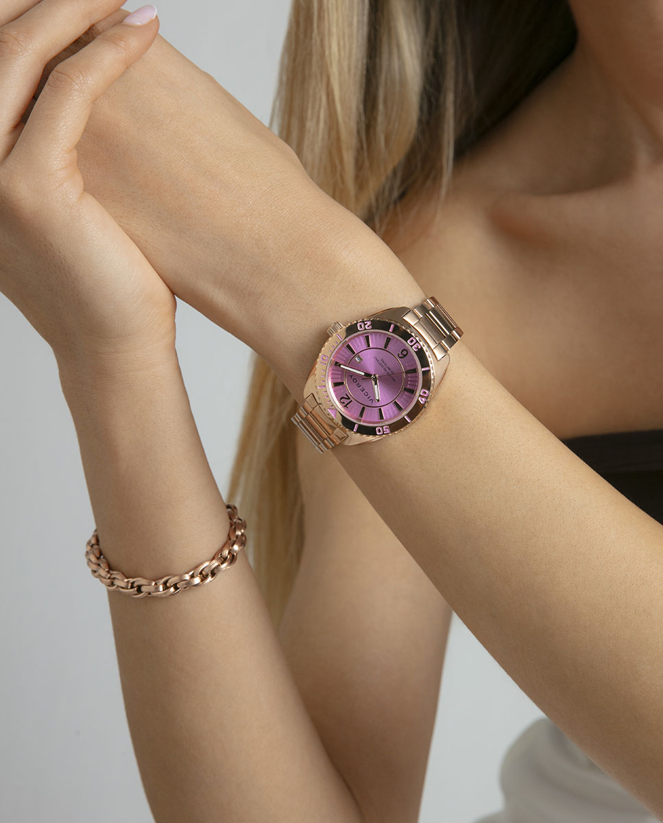 Relógio Analógico com Caixa e Bracelete de Aço Ip Rosa Lilás-3
