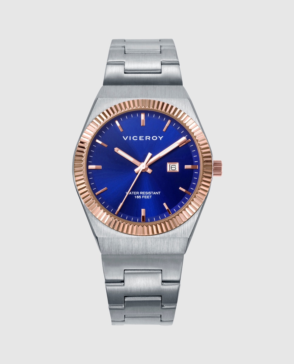 Relógio Analógico Dress com Caixa Bicolor de Aço com Bezel Ip Rosa e Bracelete de Aço Prata-1