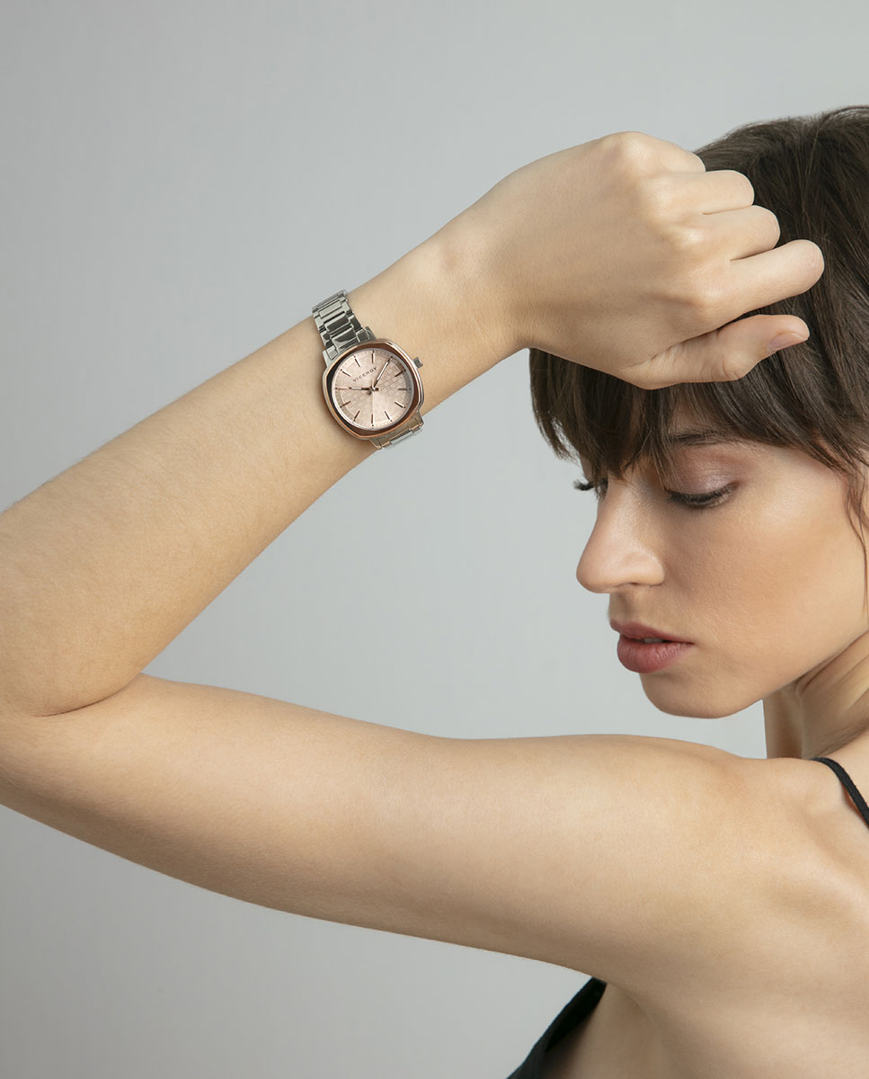 Relógio Analógico com Caixa Bicolor de Aço e Ip Rosa e Bracelete de Aço Prata-3