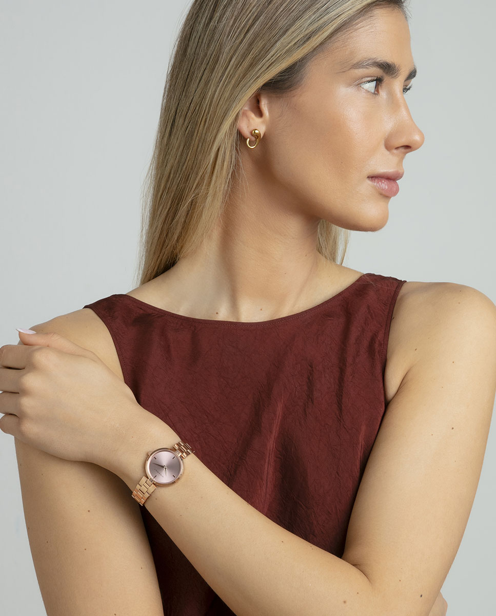 Relógio Analógico com Caixa e Bracelete de Aço Ip Rosa Dourado-3