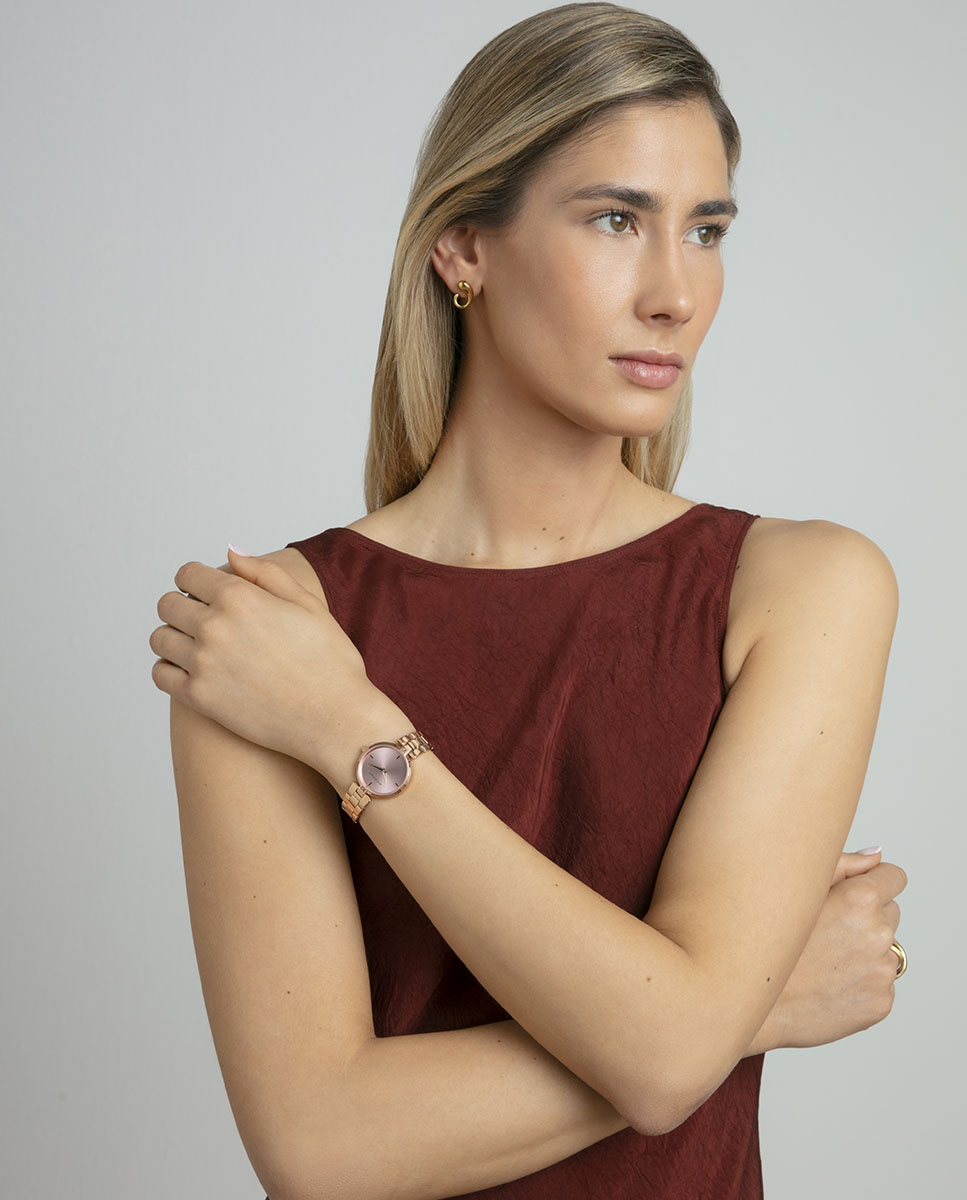 Relógio Analógico com Caixa e Bracelete de Aço Ip Rosa Dourado-4