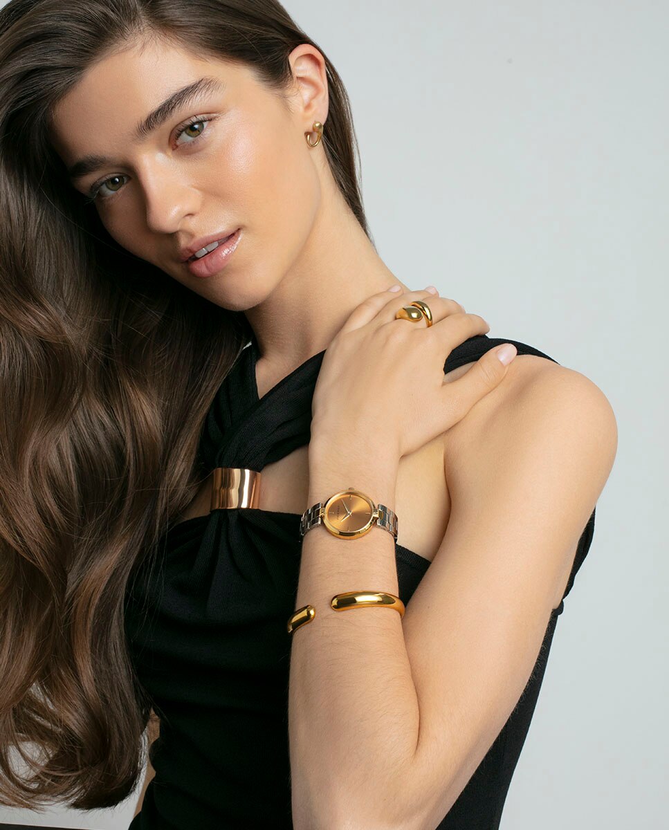 Relógio Analógico com Caixa Ip Dourado e Bracelete de Aço Ouro / Prata-4