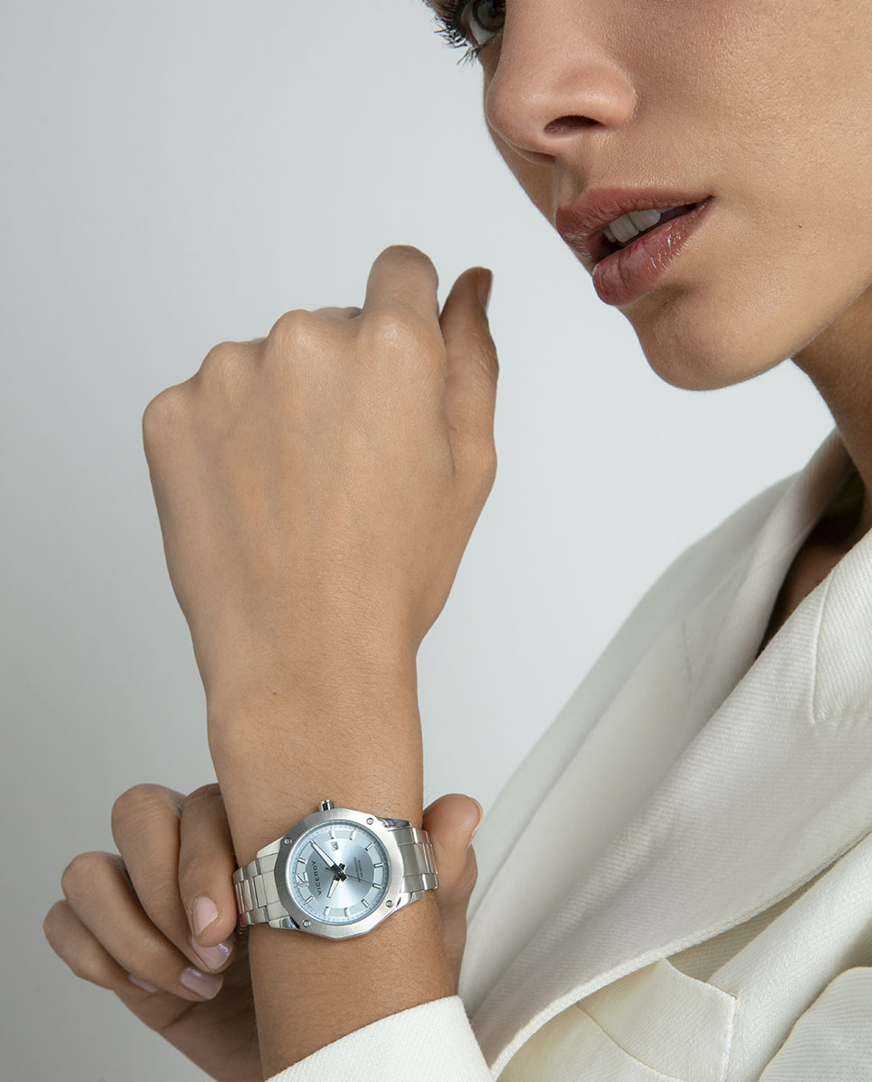 Relógio Analógico Magnum com Caixa e Bracelete de Aço Azul-claro-4