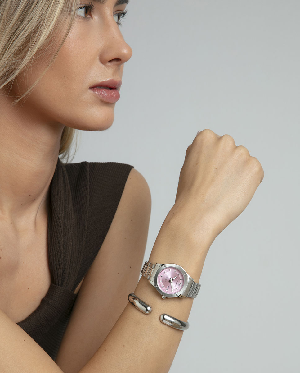 Relógio Analógico Magnum com Caixa e Bracelete de Aço Rosa-3