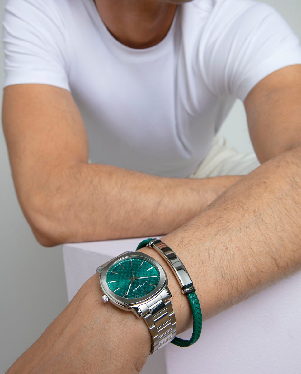 Relógio Analógico com Caixa e Bracelete de Aço Verde-azulado-3