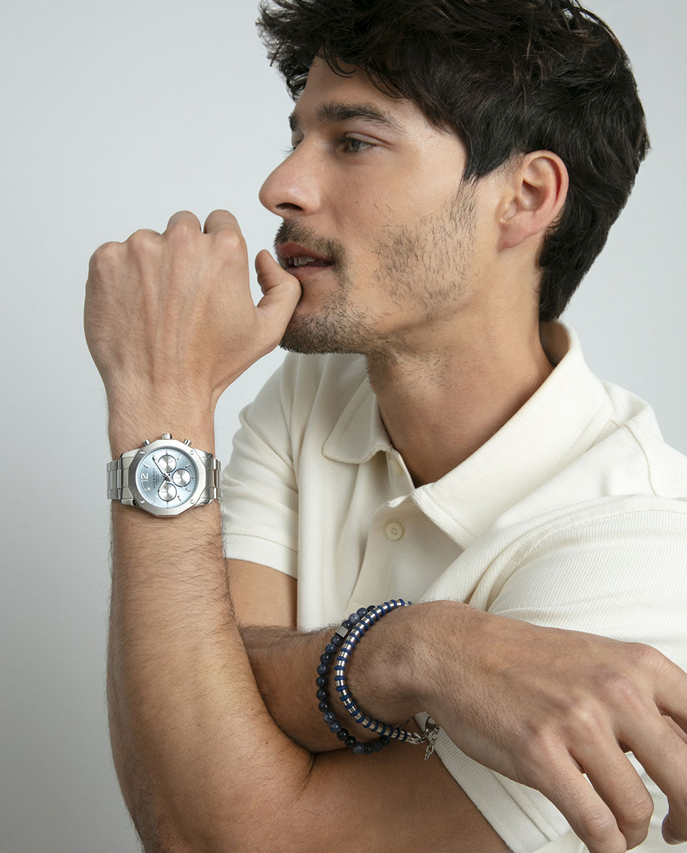 Relógio Analógico Magnum com Caixa e Bracelete de Aço Azul-claro-4