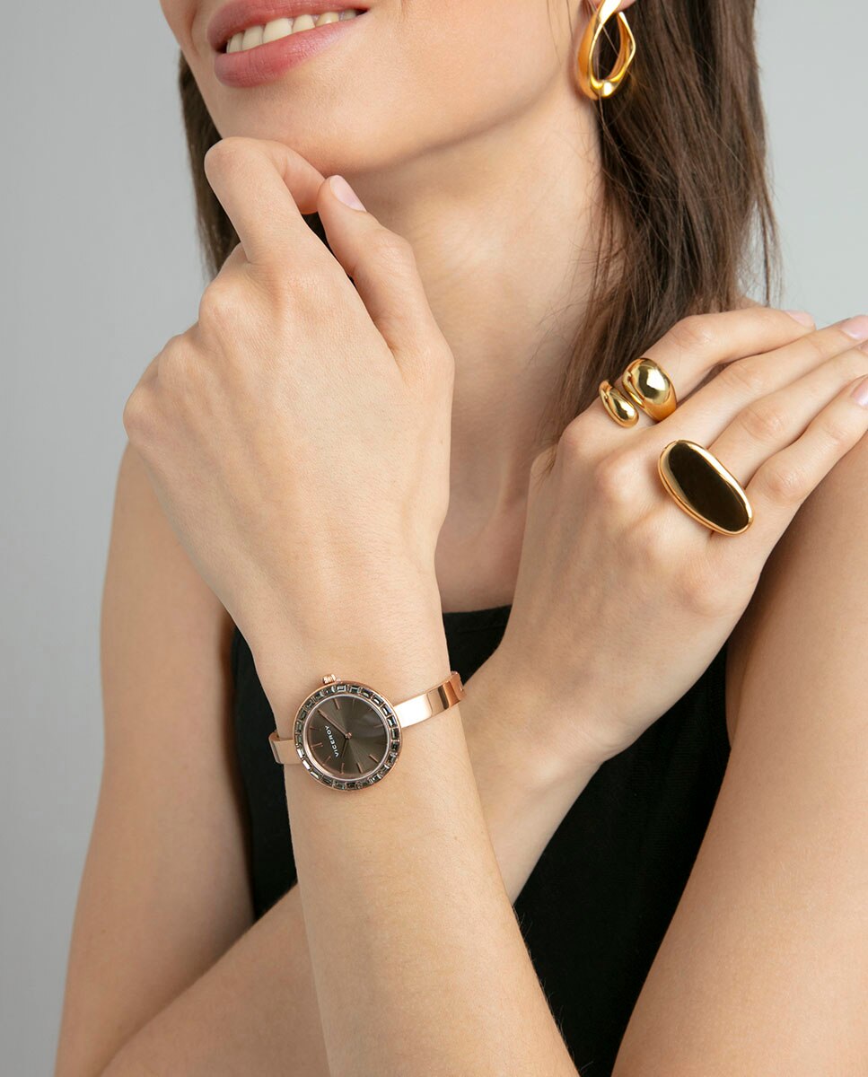 Relógio Analógico com Caixa e Bracelete de Aço Ip Rosa Dourado-3