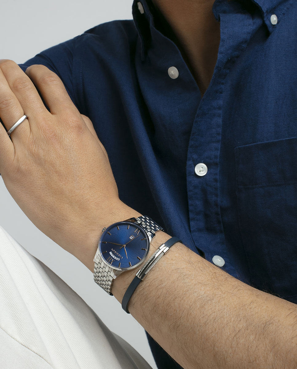 Relógio Analógico com Caixa e Bracelete de Aço Azul-3