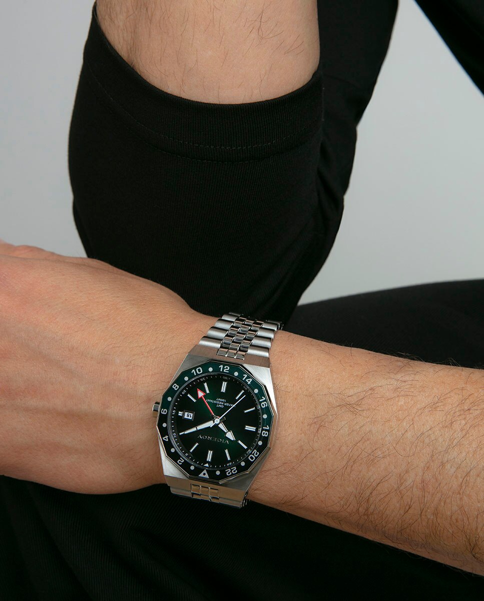 Relógio Analógico Heat com Caixa e Bracelete de Aço Preto / Verde-3