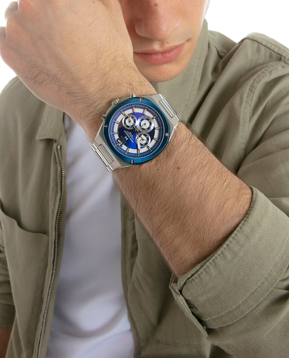 Relógio Analógico com Caixa Bitono de Aço e Ip Azul e Bracelete de Aço Azul / Branco-3