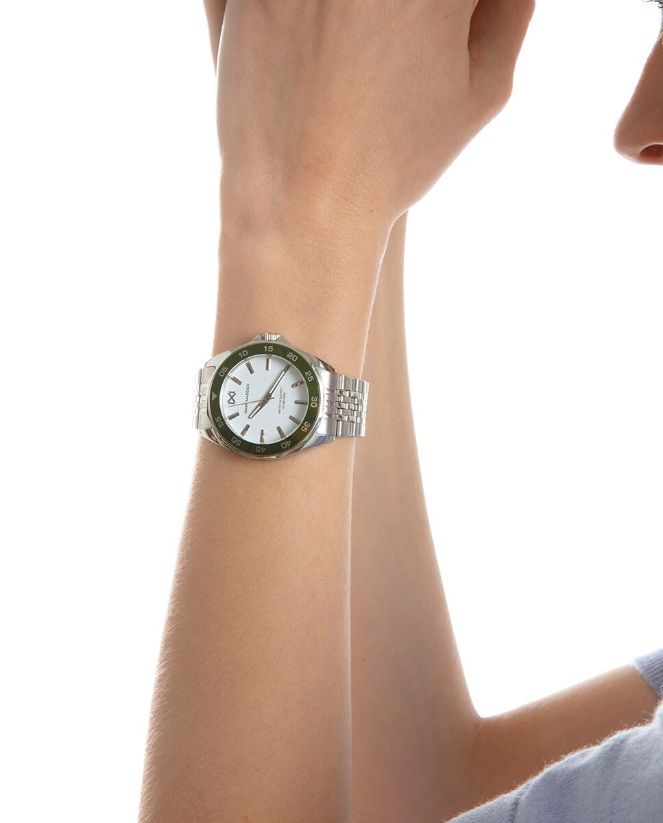 Relógio Analógico com Caixa de Aço com Bisel Verde e Bracelete de Aço Prata-6