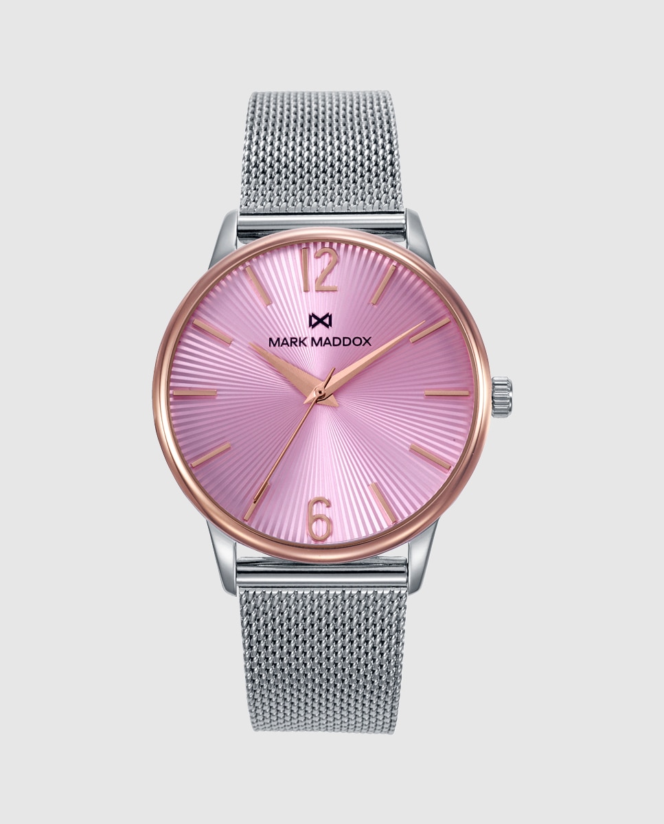 Relógio Analógico com Caixa Bitono de Aço e Ip Rosa e Malha Milanesa de Aço Prata / Rosa-1