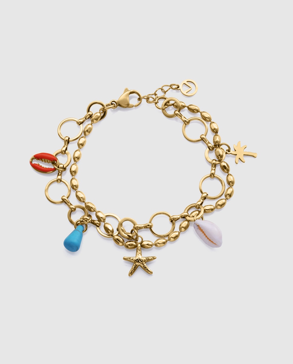 Pulseira de Aço Ip Dourado com Pendentes Dourado-1