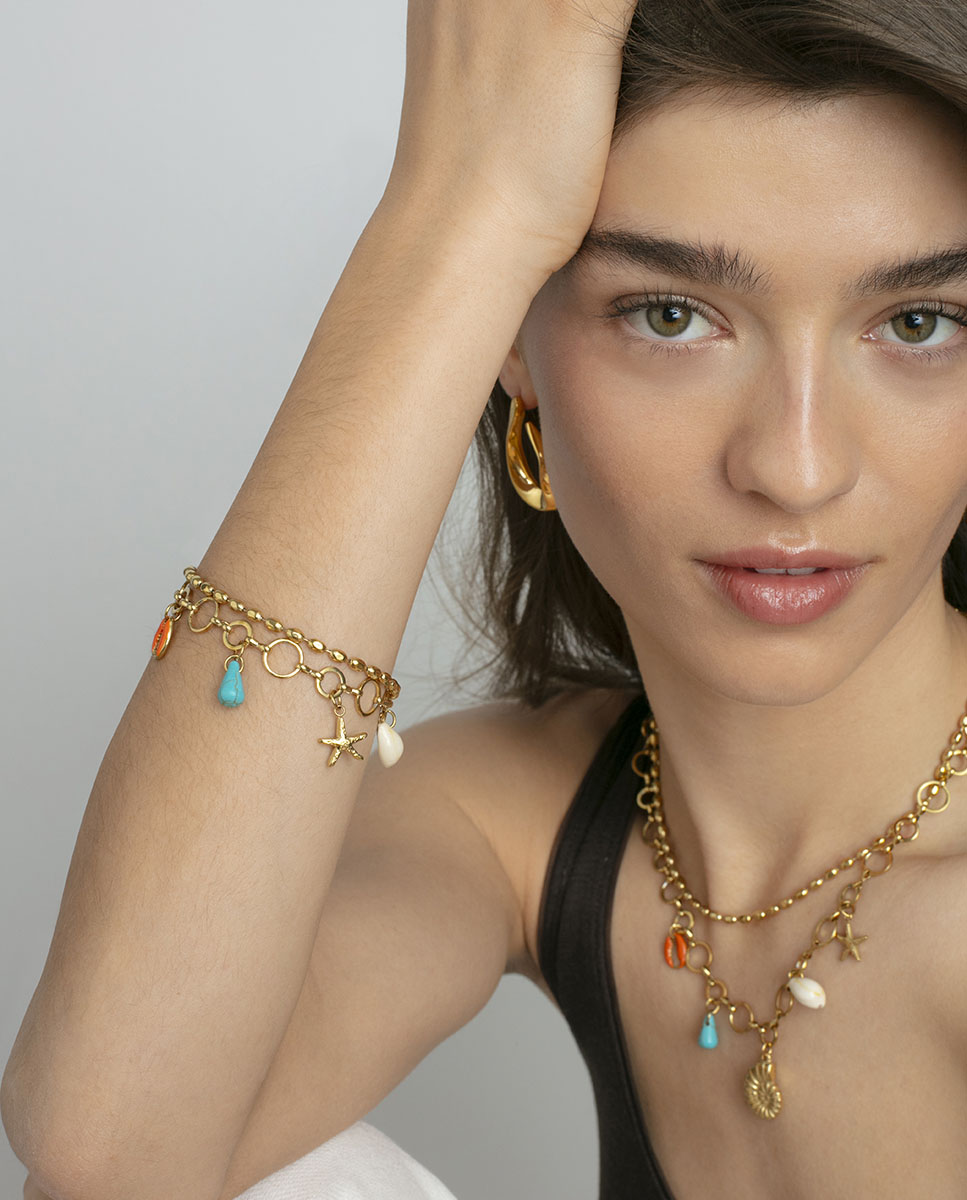 Pulseira de Aço Ip Dourado com Pendentes Dourado-2
