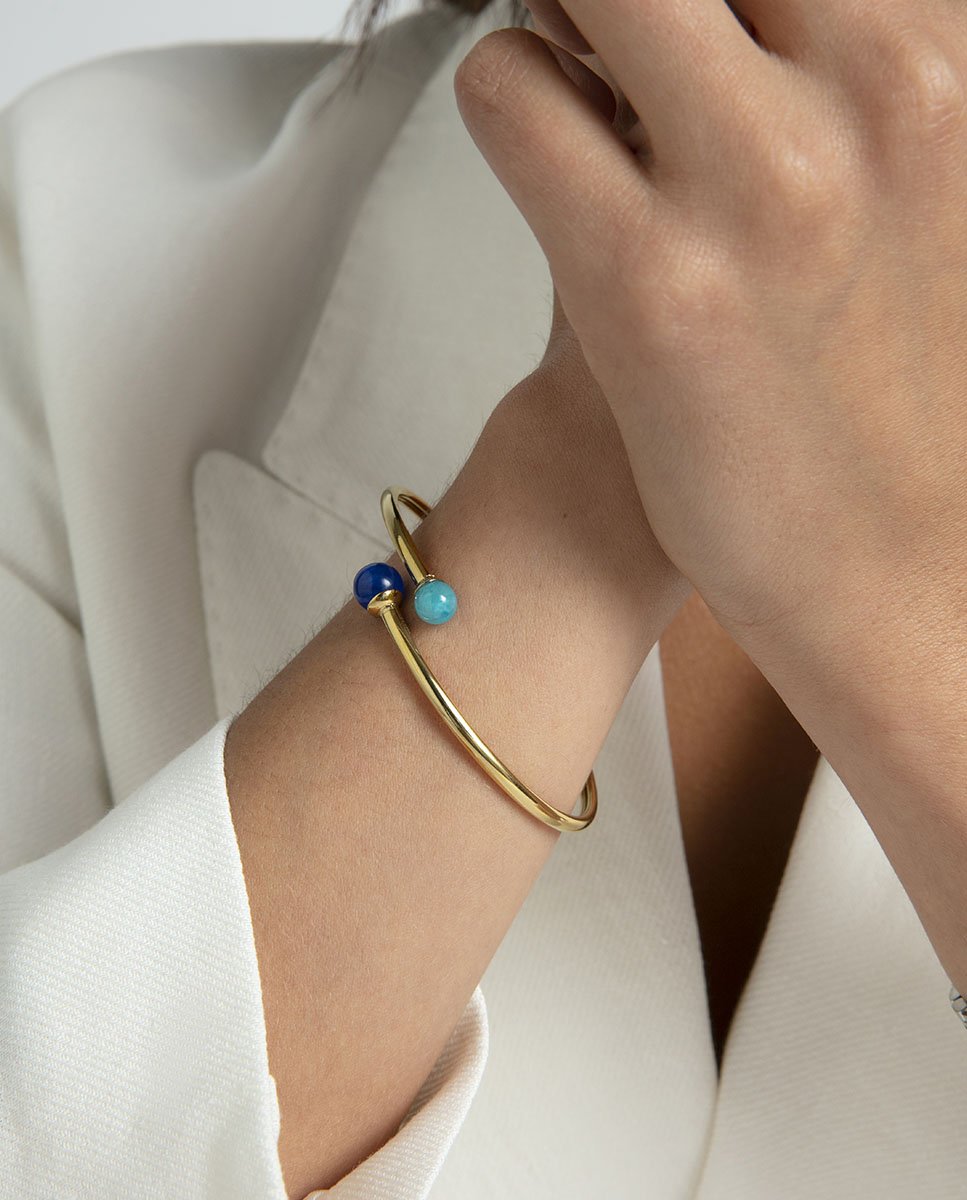 Pulseira de Aço Ip Dourado Rígida Aberta com Pedras Azul-2