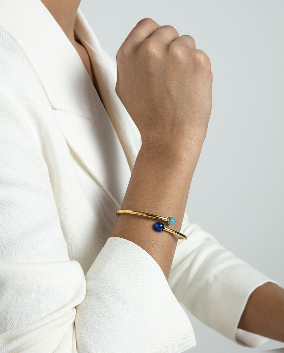 Pulseira de Aço Ip Dourado Rígida Aberta com Pedras Azul-3