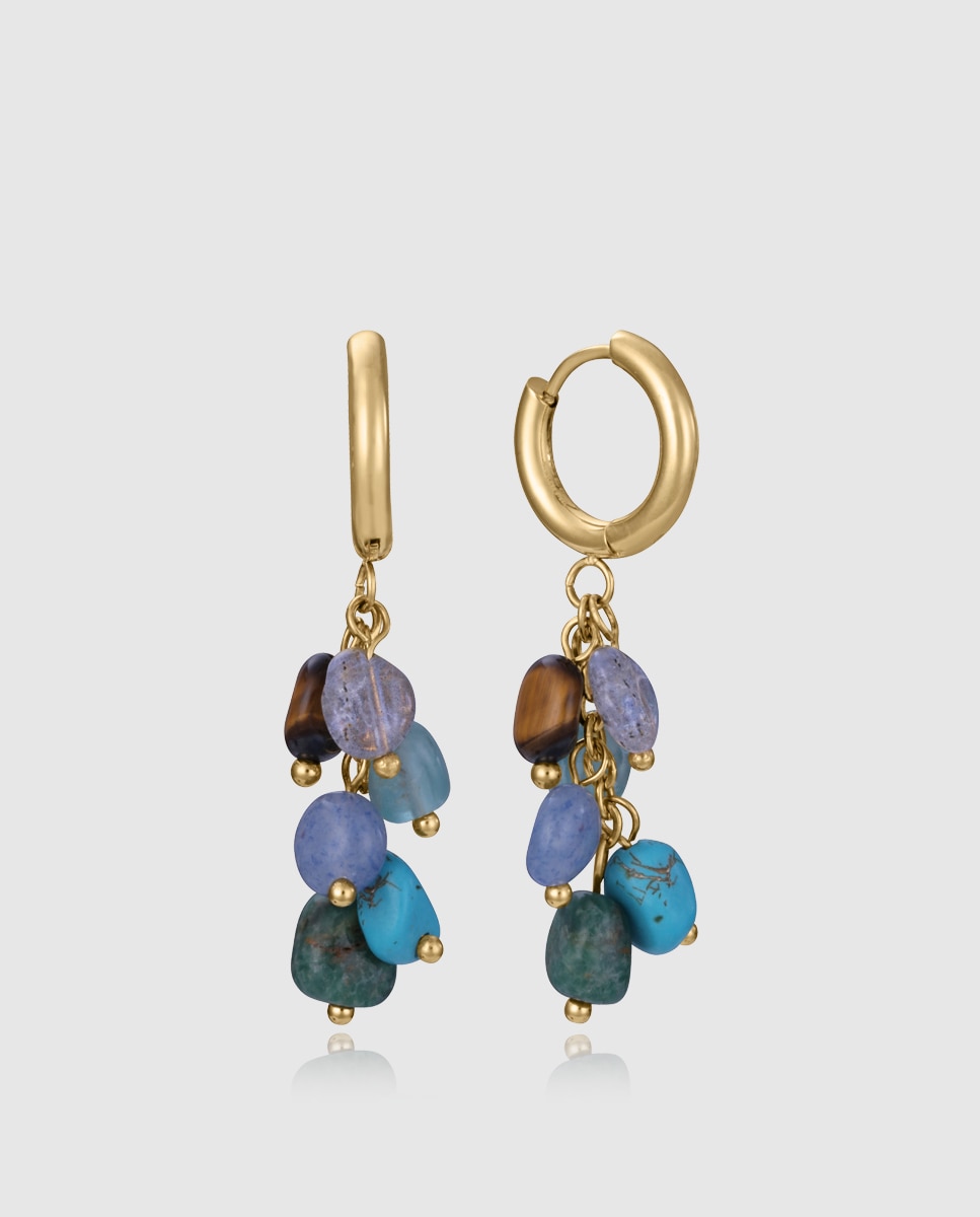 Brincos de Aço Ip Dourado com Corrente e Pedras Naturais Multicolor-1