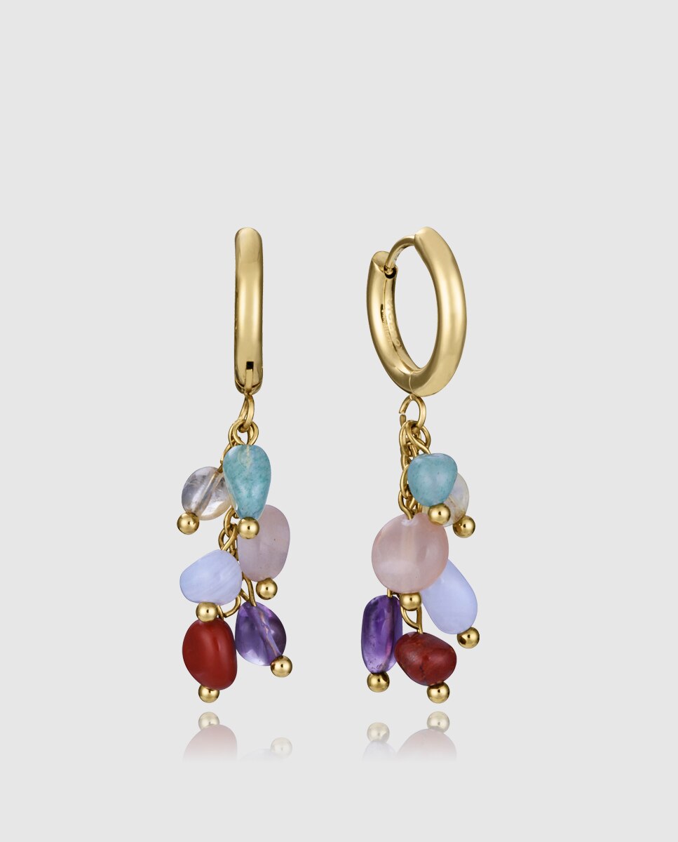 Brincos de Aço Ip Dourado com Corrente e Pedras Naturais Multicolor-1