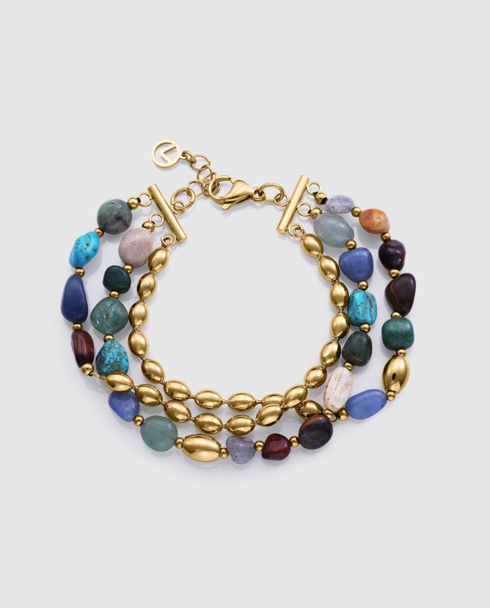 Pulseira de Corrente de Aço Ip Dourado Múltipla com Pedras Naturais Multicolor-1