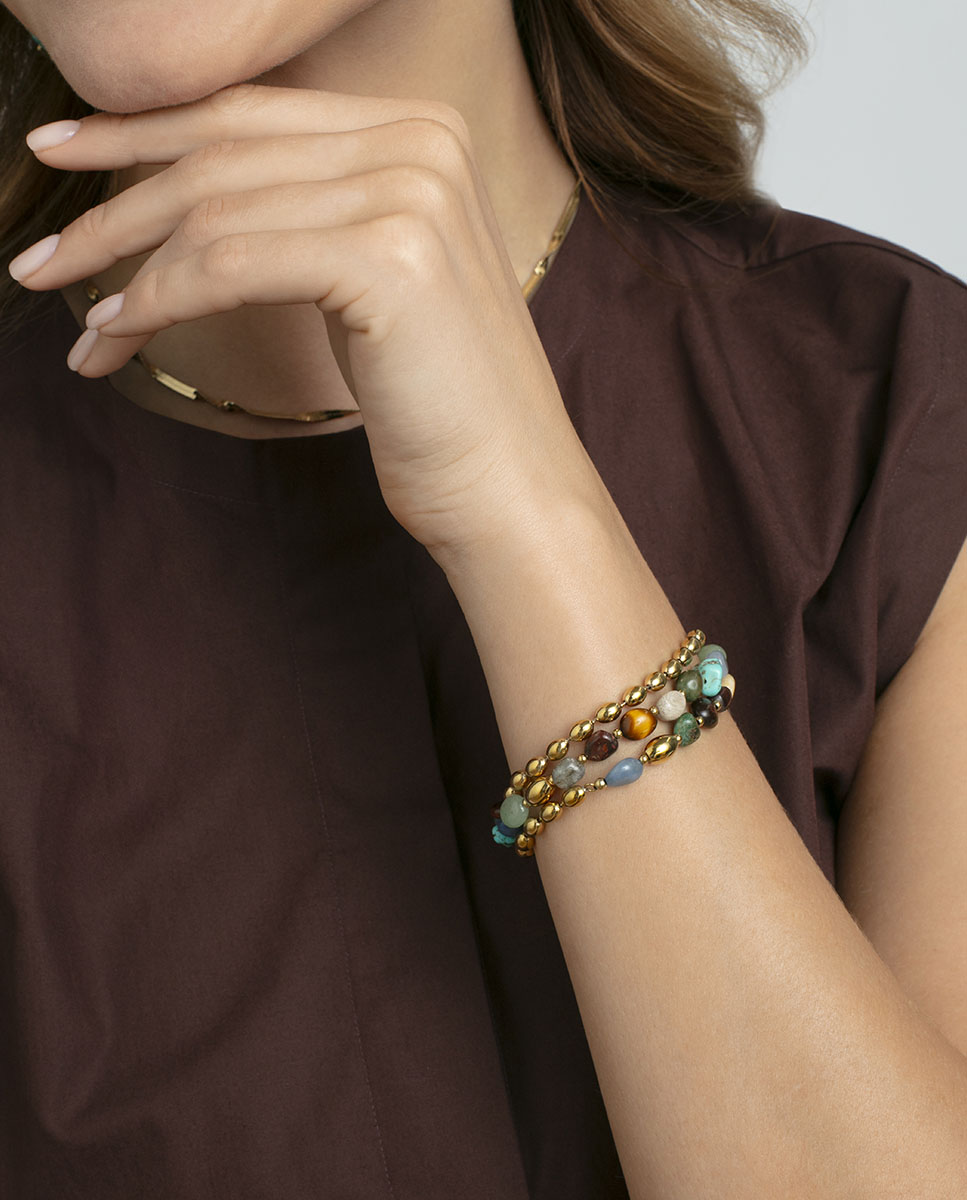 Pulseira de Corrente de Aço Ip Dourado Múltipla com Pedras Naturais Multicolor-2