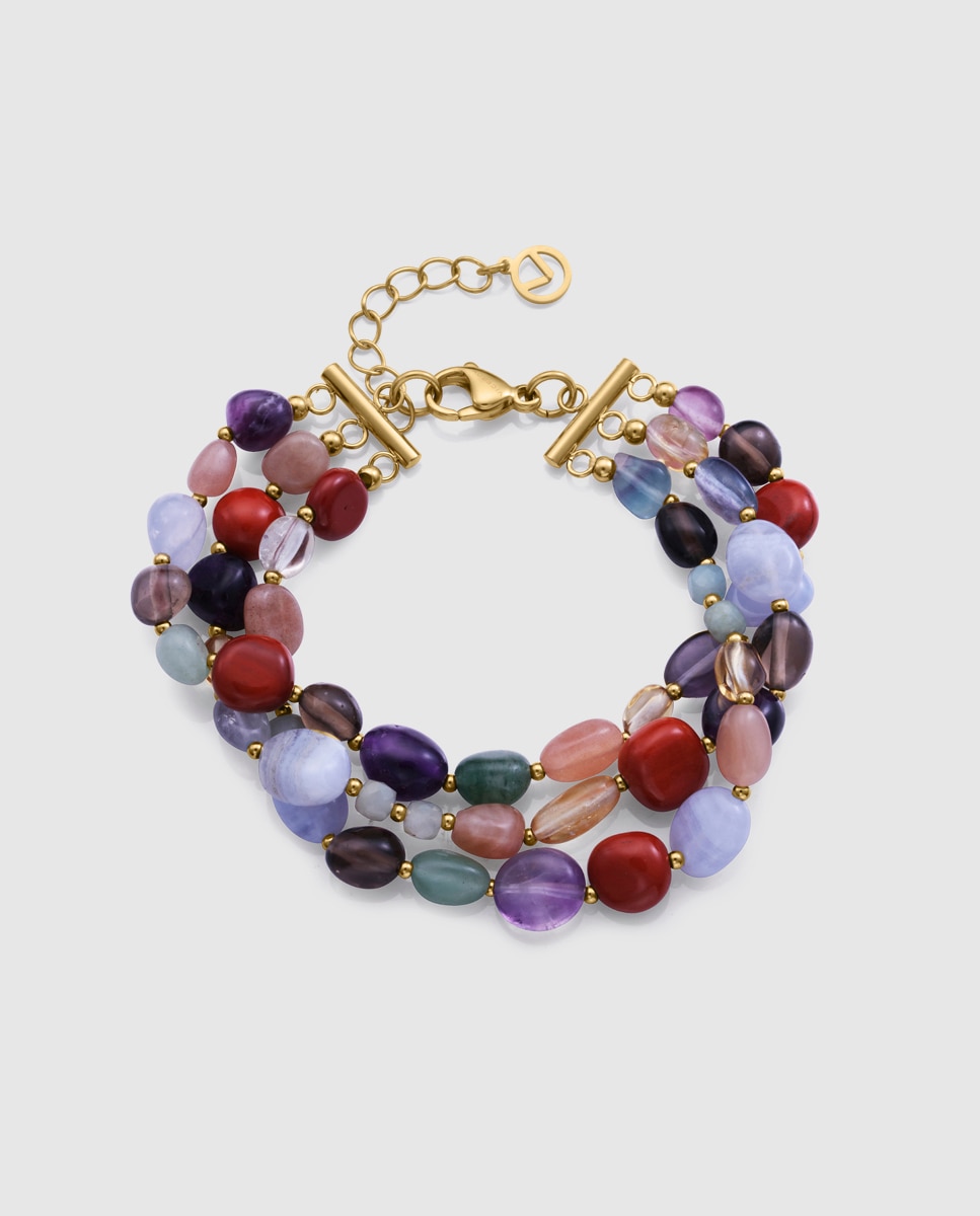 Pulseira de Corrente de Aço Ip Dourado Múltipla com Pedras Naturais Multicolor-1