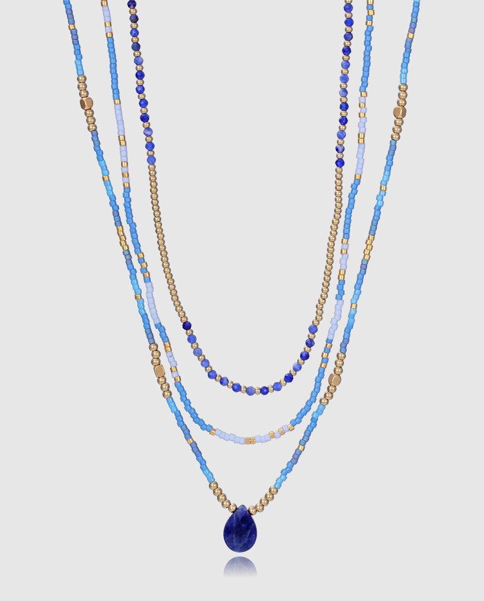 Colar de Aço Ip Dourado Múltiplo com Pedras Naturais Azul-1