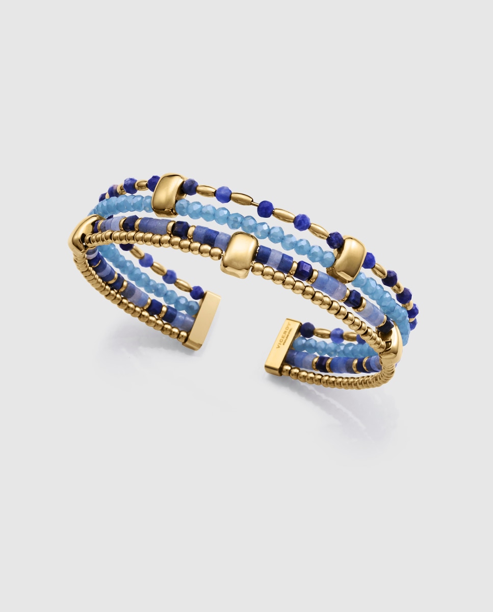 Pulseira de Aço Ip Dourado Múltipla Semi Rígida Azul-1