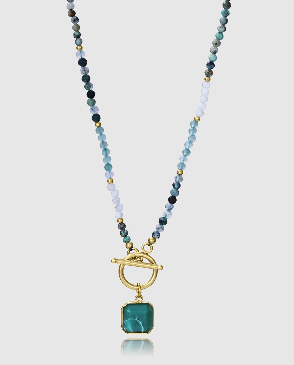 Colar de Aço Ip Dourado com Pedras Naturais Verde-1