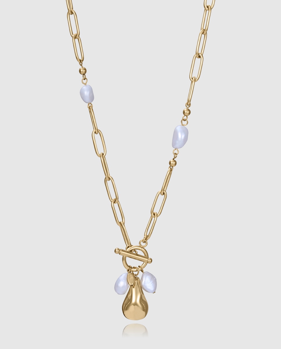 Colar de Aço Ip Dourado com Pérolas Naturais Dourado-1