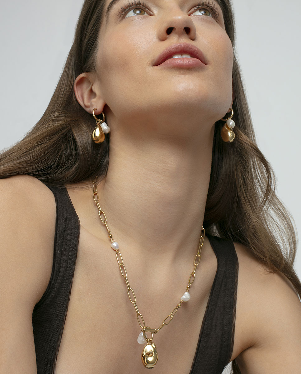 Colar de Aço Ip Dourado com Pérolas Naturais Dourado-2