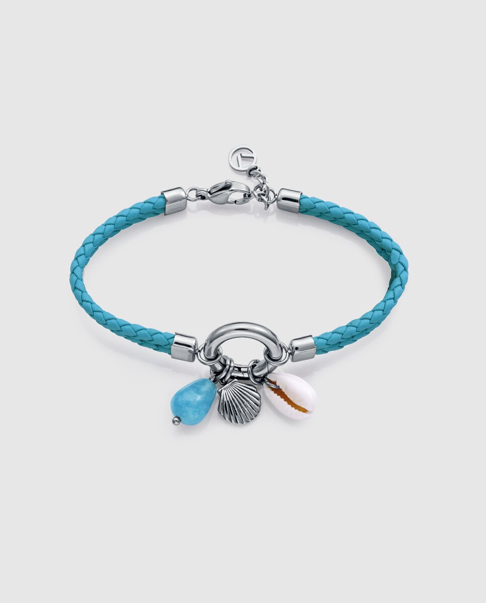 Pulseira de Aço e Pele Azul Dupla Entrançada Azul-celeste-1