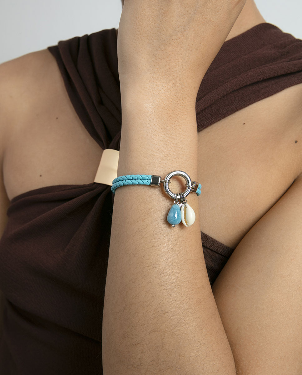 Pulseira de Aço e Pele Azul Dupla Entrançada Azul-celeste-2