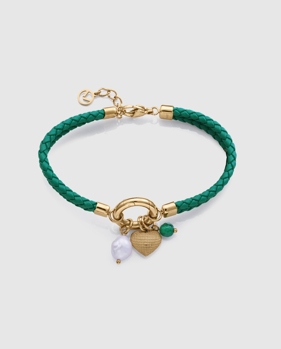 Pulseira de Aço e Pele Verde Dupla Entrançada Verde-1