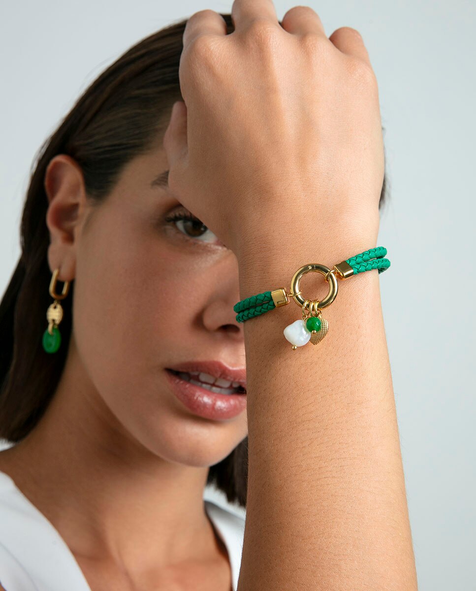 Pulseira de Aço e Pele Verde Dupla Entrançada Verde-2