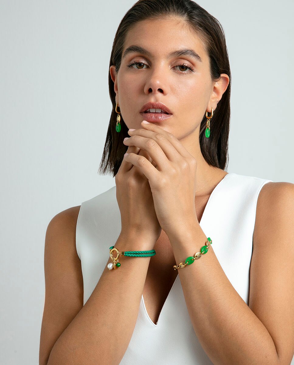 Pulseira de Aço e Pele Verde Dupla Entrançada Verde-3