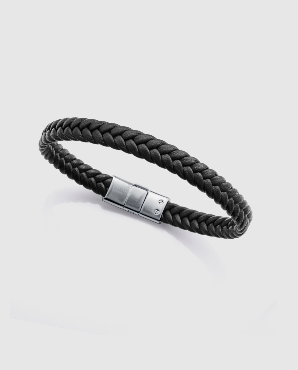 Pulseira de Aço e Pele Entrançada em Preto Preto-1