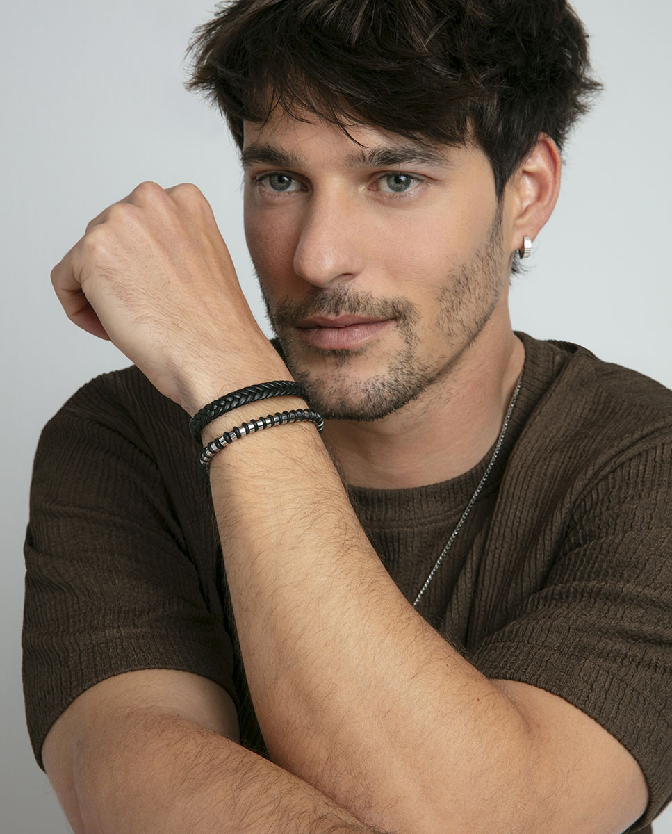 Pulseira de Aço e Pele Entrançada em Preto Preto-2