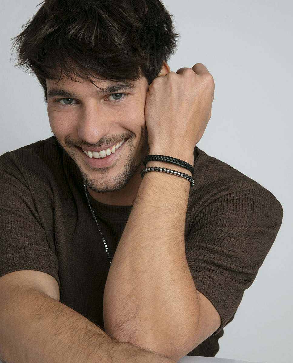 Pulseira de Aço e Pele Entrançada em Preto Preto-3