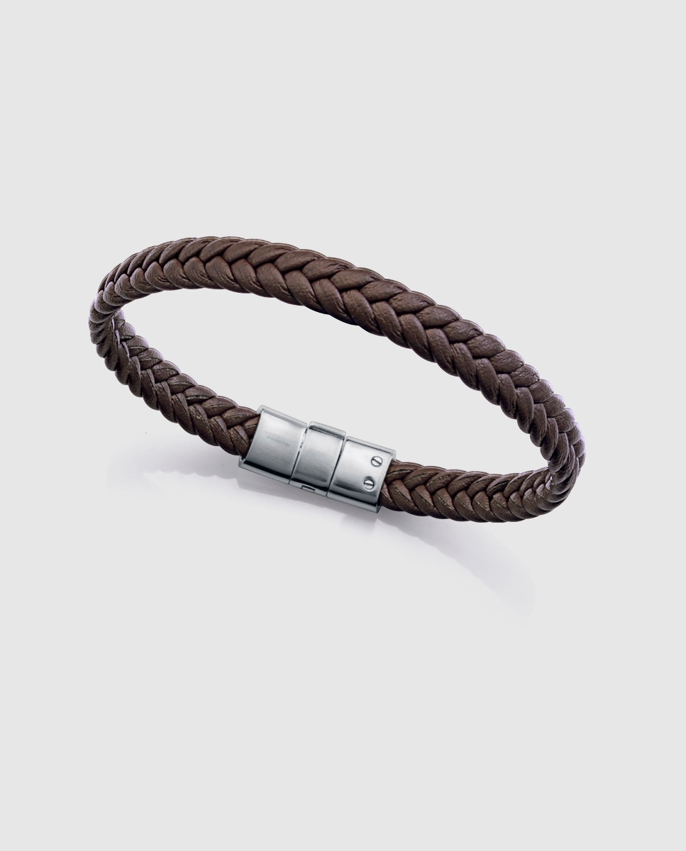 Pulseira de Aço e Pele Entrançada em Castanho Castanho-1