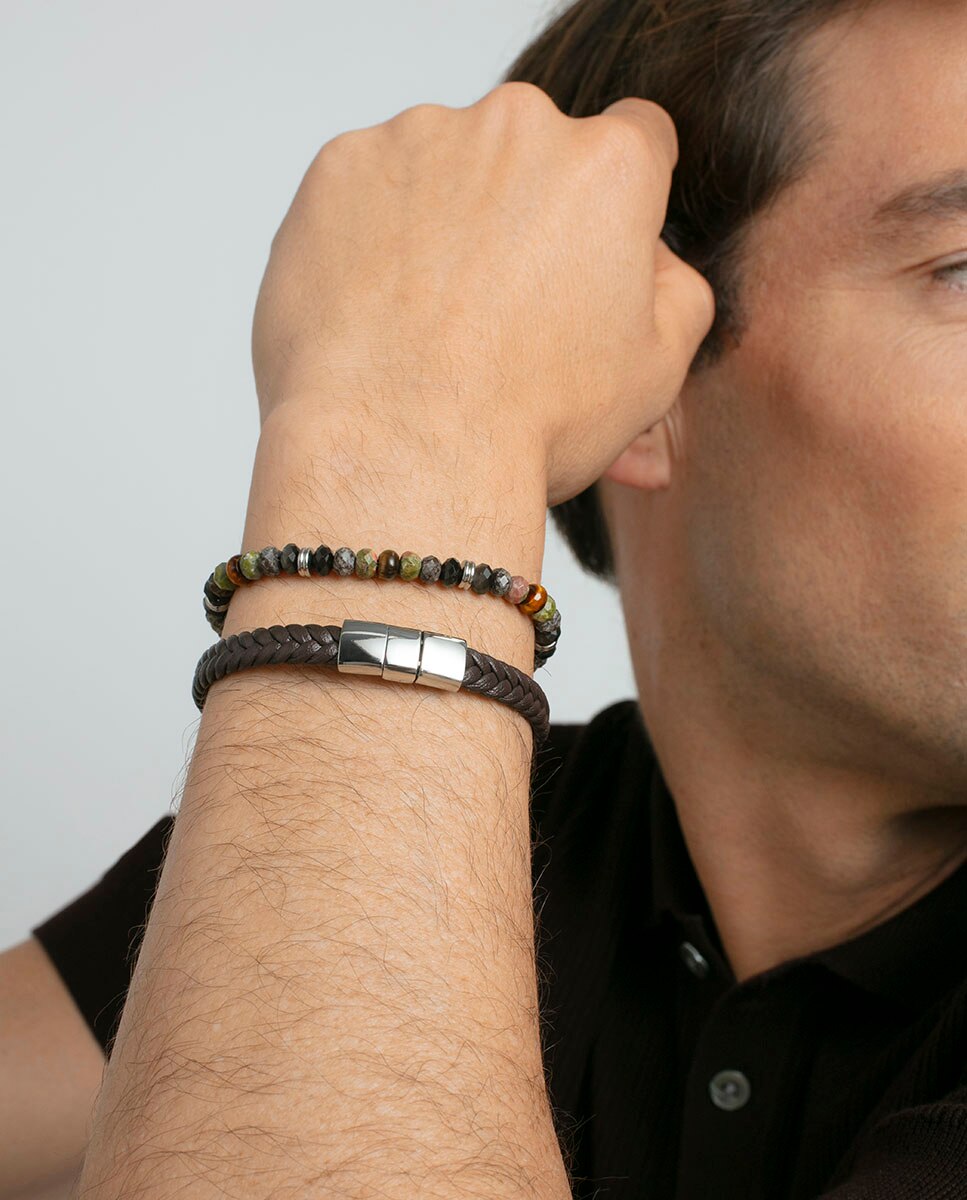 Pulseira de Aço e Pele Entrançada em Castanho Castanho-2