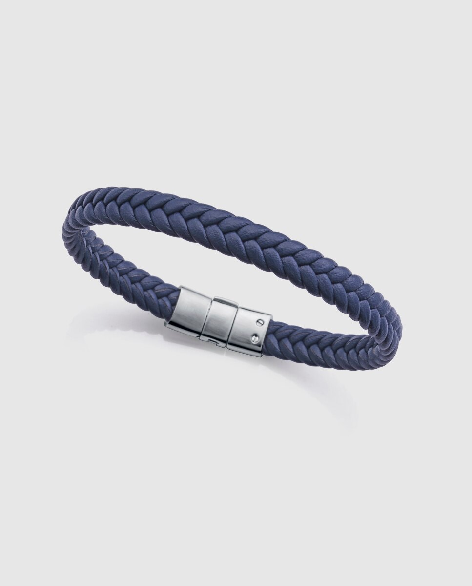 Pulseira de Aço e Pele Entrançada em Azul Azul-1