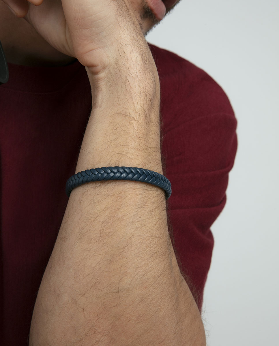 Pulseira de Aço e Pele Entrançada em Azul Azul-2