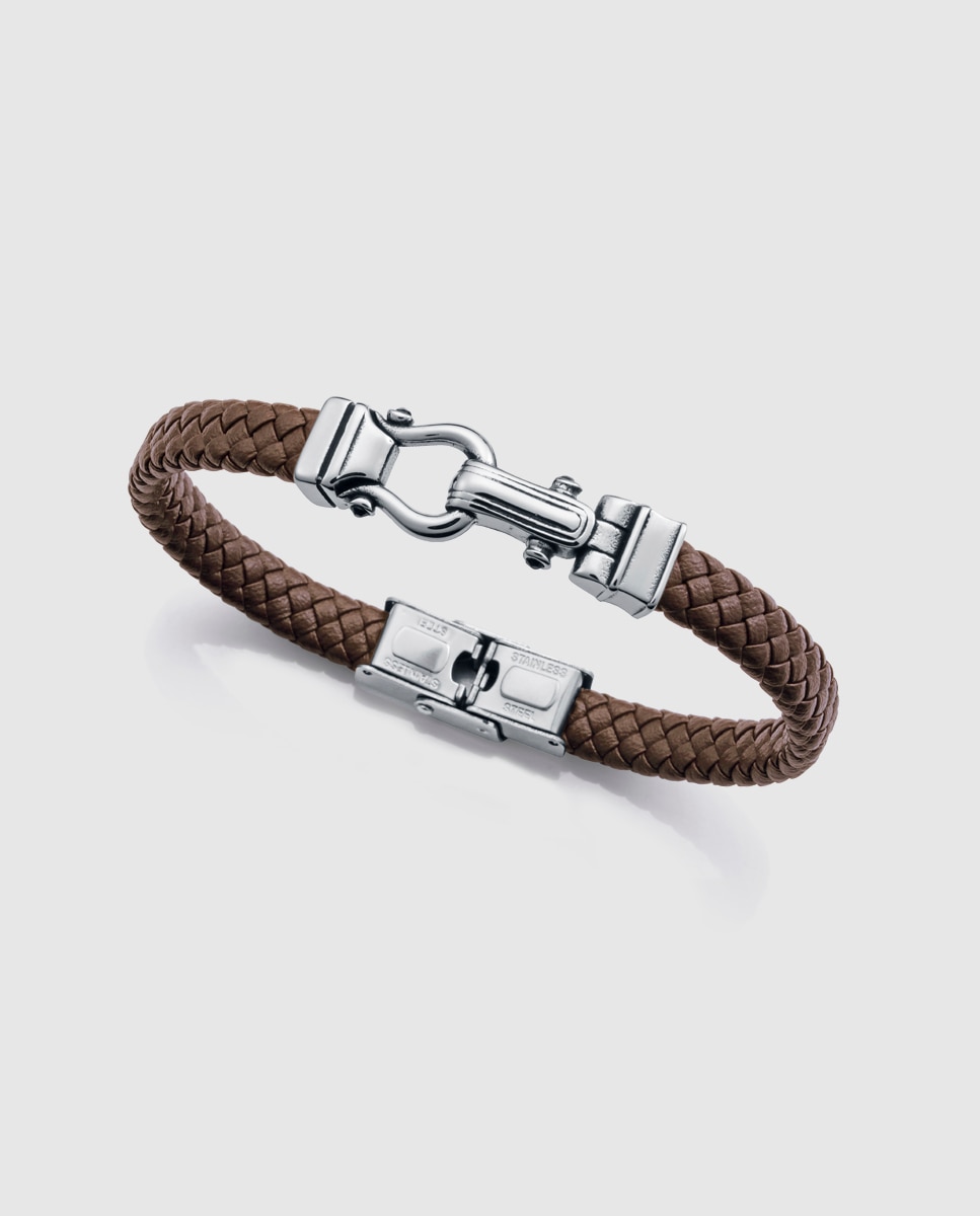 Pulseira de Aço e Pele em Castanho Entrançada Castanho-1