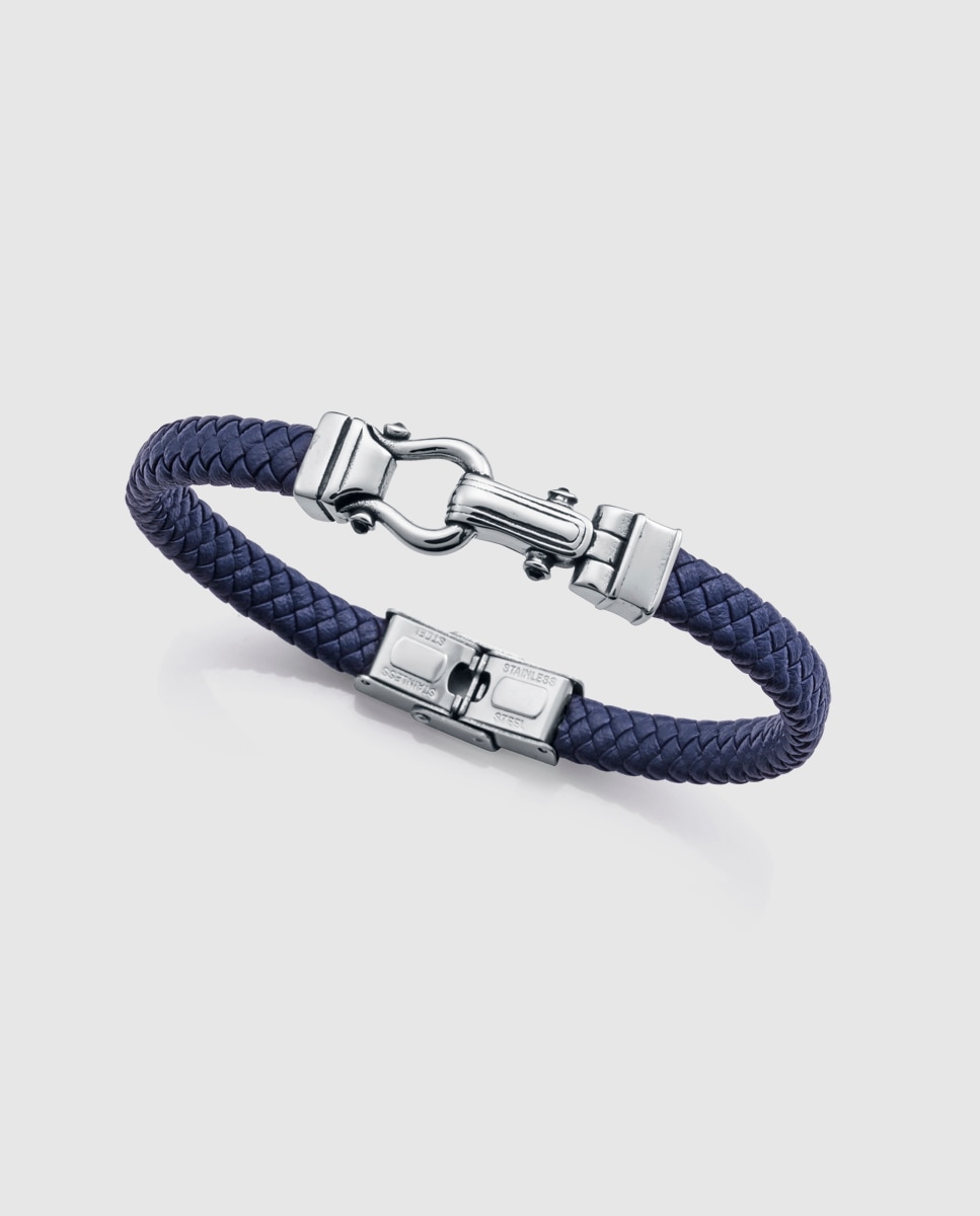 Pulseira de Aço e Pele Azul Entrançada Azul-1