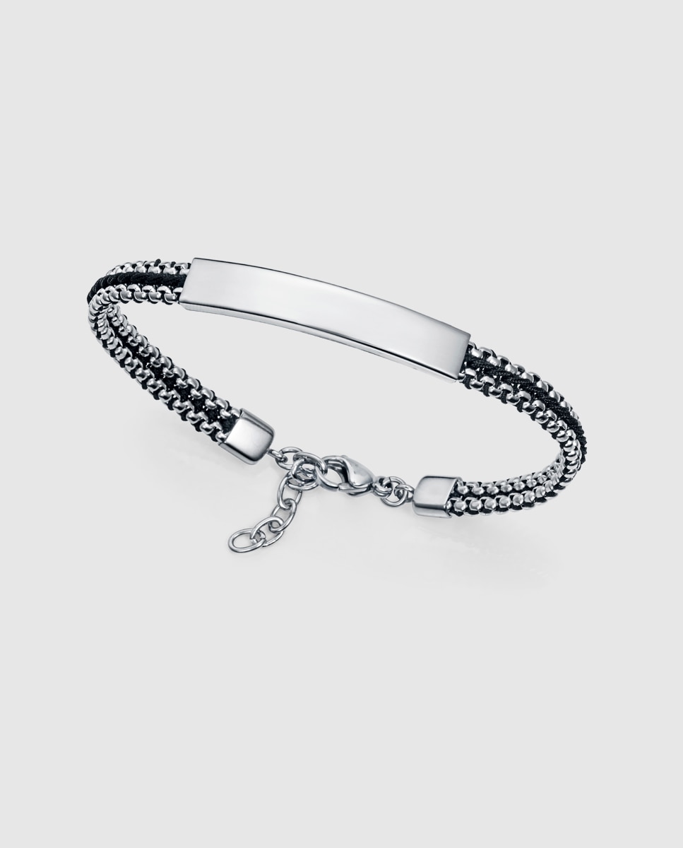 Pulseira de Aço Entrançado com Cordão em Preto Preto / Prata-1