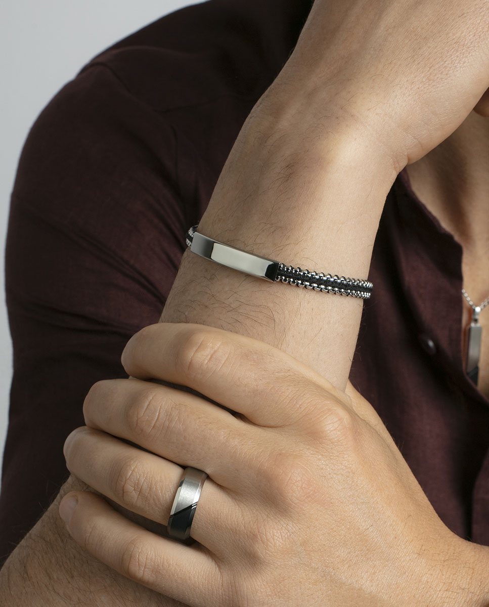 Pulseira de Aço Entrançado com Cordão em Preto Preto / Prata-2