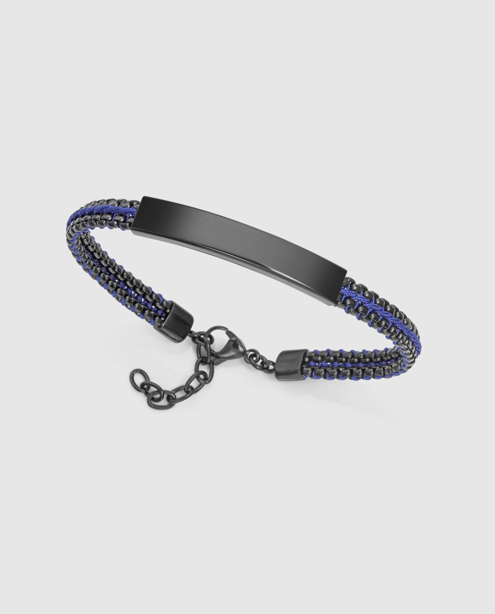 Pulseira de Aço Ip Preto Entrelaçado com Cordão Azul Preto / Azul-1