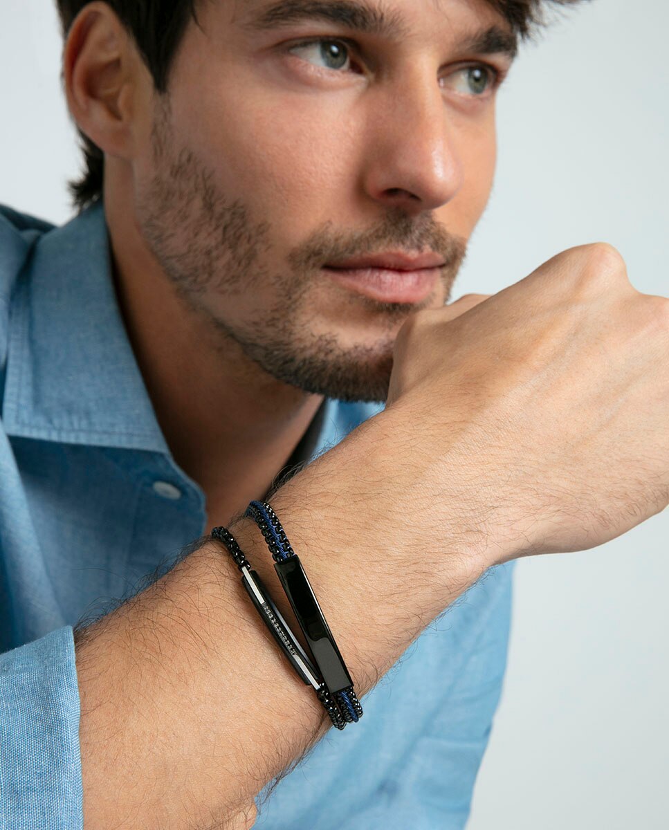 Pulseira de Aço Ip Preto Entrelaçado com Cordão Azul Preto / Azul-2