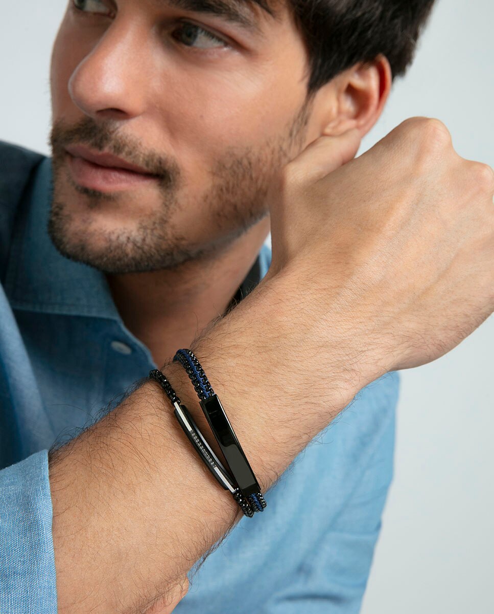 Pulseira de Aço Ip Preto Entrelaçado com Cordão Azul Preto / Azul-3